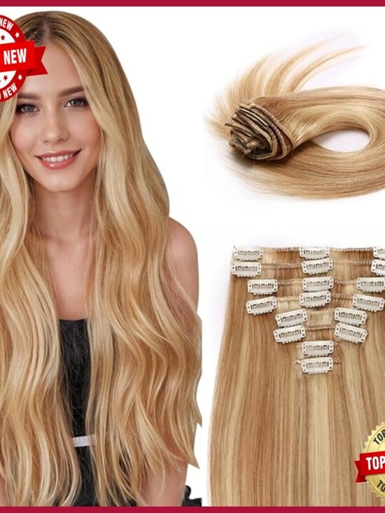 16 Inch Clip In Human Hair Extensions 8pcs Silky Straight 90g